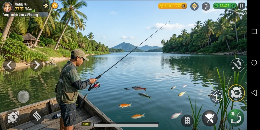 Tampilan gameplay <strong>77RT</strong> yang seru saat memancing di berbagai lokasi.