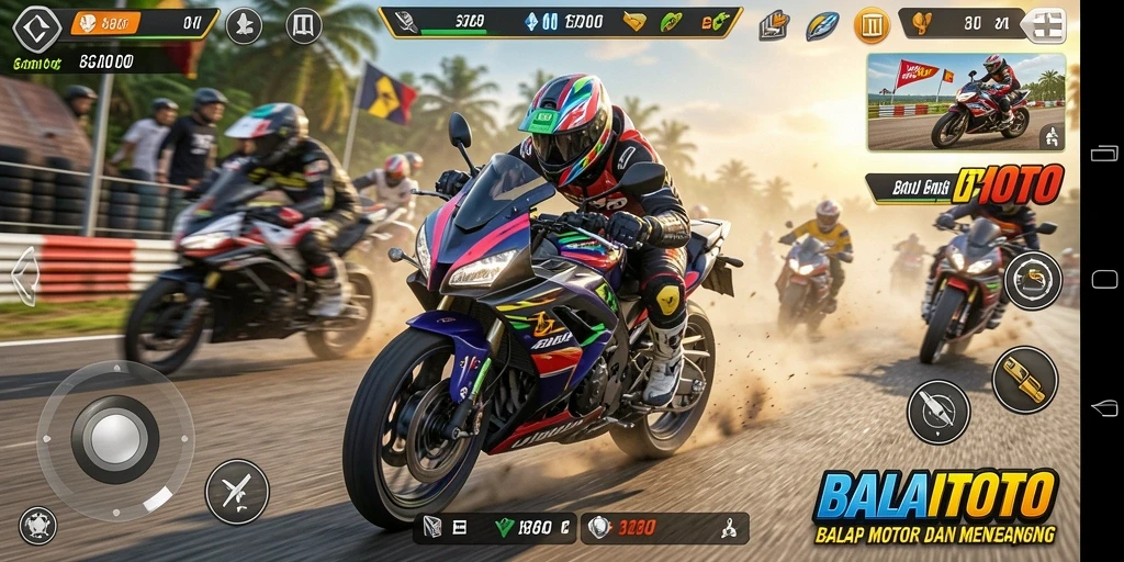 Tangkapan layar menampilkan aksi balap motor yang intens di BALAITOTO.