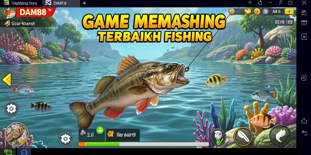 Screenshot gameplay DAM88: Memancing di danau yang indah dengan berbagai ikan.