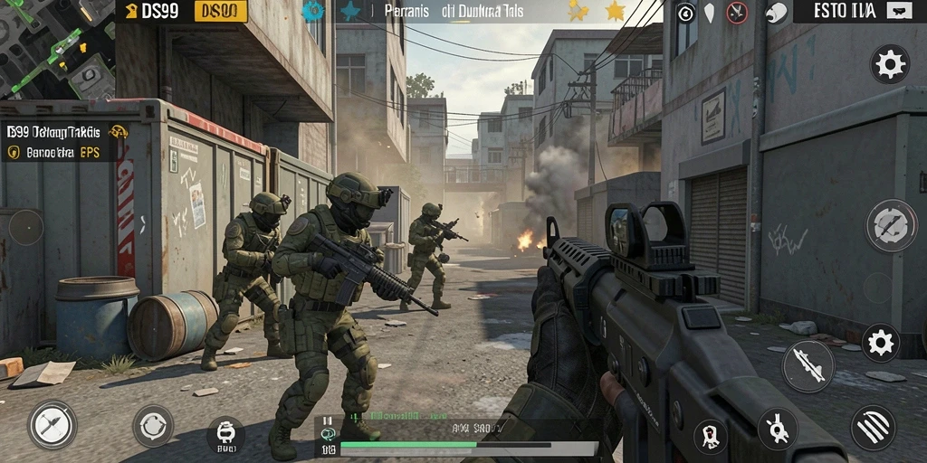 Screenshot utama DS99 menampilkan aksi seru dalam pertempuran FPS.
